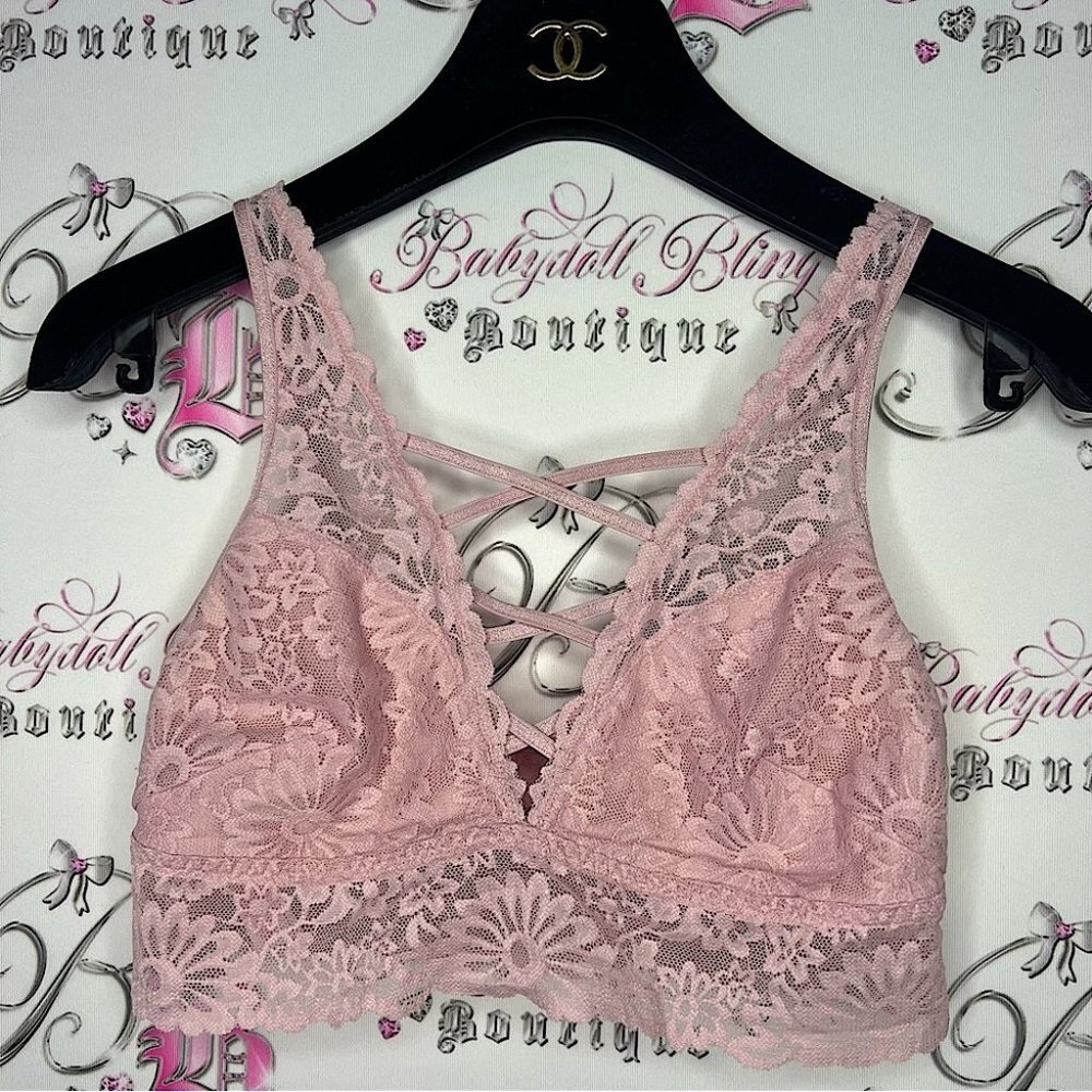 Victoria secret pink bra lace pink strappy corset lace up style front stretchy